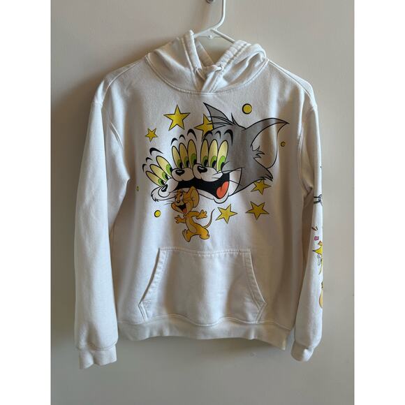 Tom and Jerry White Hoodie Size Large Cotton Polyester Cartoon Graphics Pocket - Picture 2 of 10